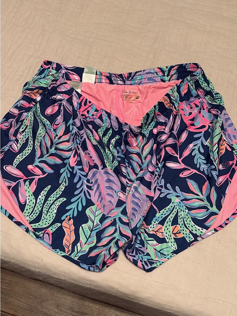 Lilly Pulitzer Navy Tropical Leaf Print Athletic Shorts with Pink Liner